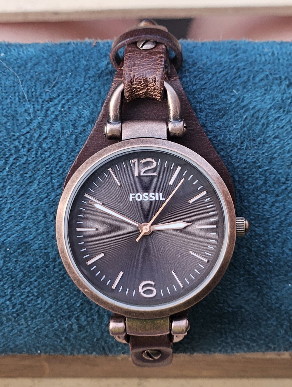 Fossil Georgia ES3200 Brown Leather Cuff Band Watch Antiqued Bronze Tone Dial